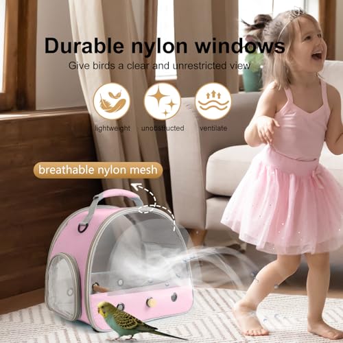 Bird Carrier, Portable Small Bird Parrot Parakeet Carrier with Standing Perch and Soft Mat, Side Access Window Collapsible (Pink, Mesh Windows) - color: Pink