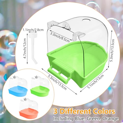 Tfwadmx 3Pcs Bird Bath for Cage Hanging Parakeet Bath Box Clear Bird Bathtub Water Shower Food Feeder Bathing Tub for Cockatiel Conure Canary Budgies - color: Green, Blue &Orange