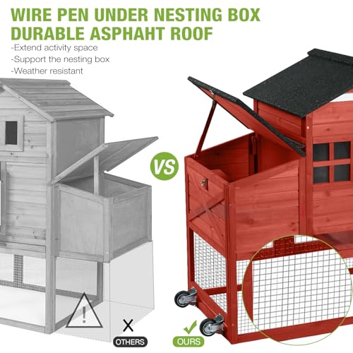 GUTINNEEN Mobile Chicken Coop for 2-4 Chickens with Wheels, Expandable Large Hen House with Run, UV-Protected Roof, Divided Nesting Boxes, Easy One-Person Move, Red - color: Red, size: 65.2"L x 26.4"W x 47.6"H