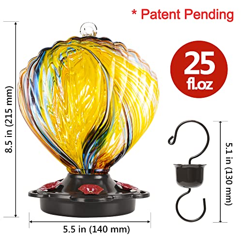 LUJII Seashell Shaped Hummingbird Feeder for Outside Hanging, Hand Blown Glass with Perches, Never Leak & Rustproof, Unique Gift for Women, Glass Art for Backyard Decor, 25 fl.oz, Ribbon - color: Ribbon