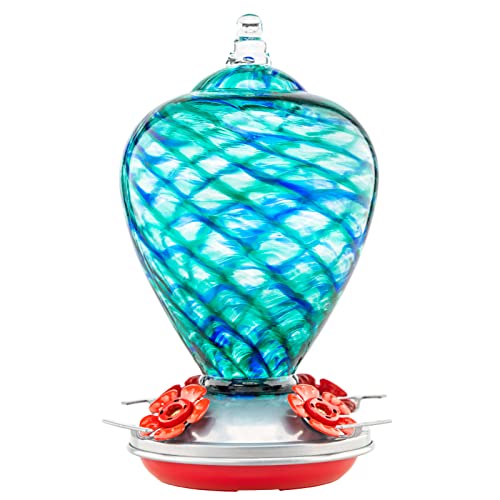 Hummingbird Feeders, 34OZ Hand Blown Glass Hummingbird Feeder for Outdoors Hanging with Ant MoatHooks, Perfect for Gardening Yard Patio Decor Gifts (Blue Mermaid) | Decorative Self Hanging Nectar Bird Feeder for Hummingbirds, Garden Patio Yard Use - color