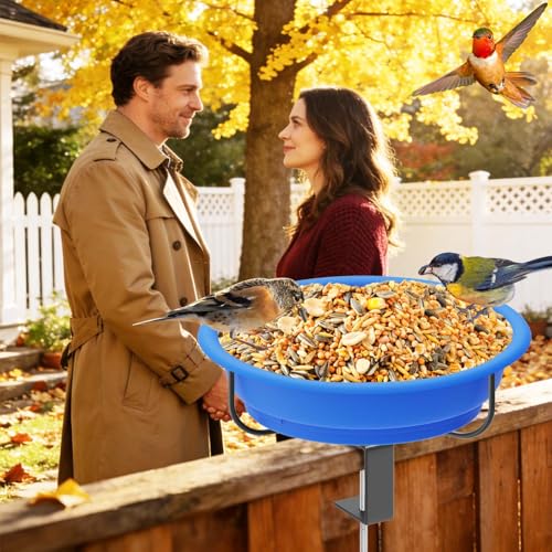 Deck Mounted Bird Bath for Outside, Detachable Plastic Bowl, Blue | Adjustable 3.2" Metal Clamp, Easy to Clean & Install, Railing Birdbath & Birdfeeder, Balcony Fence Garden Decor
