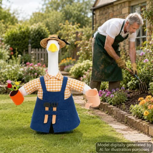 OBUSATT Gardener Porch Goose Outfits Spring Lawn Goose Costume Set | 23 Inch, with Watering Can Flower Pot, for Cement Plastic Goose Statue, Spring Holiday Outdoor Yard Garden Patio Lawn Decor - style: Gardener