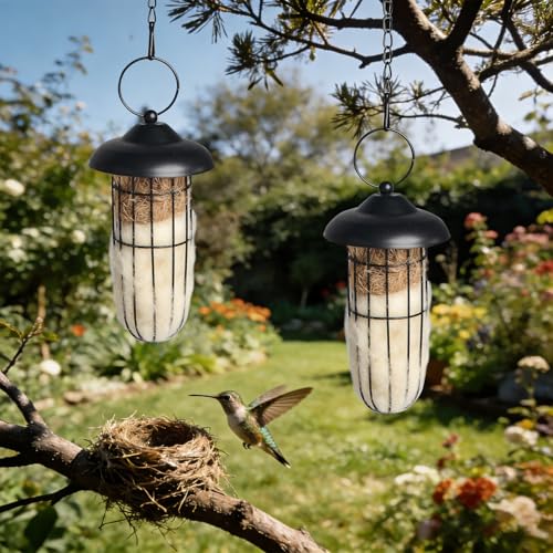 2PCS Bird Nesting Material, Refillable Hummingbird Nesters Metal Cage Holder with Wool Material for Wild Birds Nesting Station, Nest House for Bird Lover Gifts, Bird Watching Gifts for Outdoor Patio - color: Black-2pcs