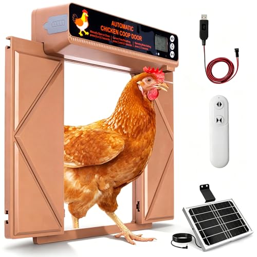 Automatic Chicken Coop Door, Solar Powered Chicken Door with Anti-Pinch Protection,LCD Screen and Weatherproof Build, Automatic Chicken Door with Timer,Light Sensor & 20 Meters Remote Control