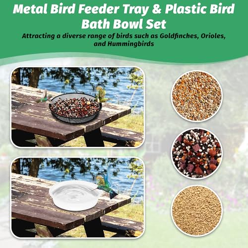 2 Pcs 7 Inch Metal Round Bird Feeder Tray and Plastic Bird Bath Bowl, Wild Birds Seed Tray Bath Water Bowl Outdoor Accessory for Humming Feeder Station (2)