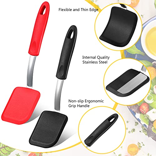 Silicone Cookie Spatula Turner 2 Pack Mini Brownie Spatula Flexible Kitchen Small Silicone Turner for Nonstick Cookware Heat Resistant No Scratch Flipper for Egg(Solid Flat,Black, Red) - color: Black, Red