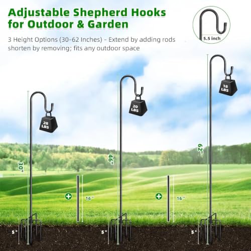 COCONUT 62" Shepherds Hooks for Outdoor, Bird Feeder Pole with 5 Prong Base, Adjustable Height Shepherds Hook for Hummingbird Feeder, Bird Feeder, Lightweight Plant, Wind Chimes, Lanterns (2 Pack) - color: Black, size: 62inch - 2 Pack