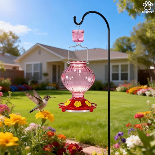 Glass Hummingbird Feeder for Outdoors Hanging, 38 oz Nectar Capacity, 6 Feeding Ports, Leak-Proof Rust-Free Plastic Base, Easy to Refill & Clean, Decorative Pink Glass Bird Feeder for Garden Patio - color: Pink, size: 38 Fluid Ounces