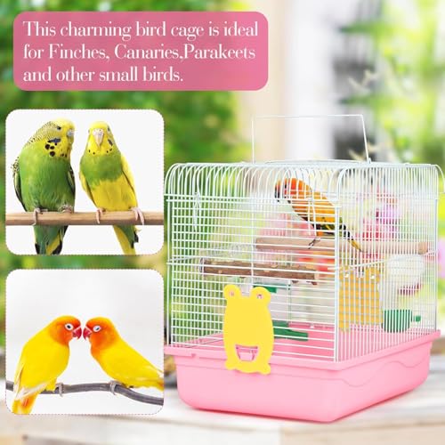 Small Bird Cage for Travel, Parrot Carrier with Handle 9.5"L x 12"W x 12"H | Sturdy, Easy to Clean & Install, Birdcages with Trays, Standing Perch, Feeder Cups for Smaller Birds Lovebird Parakeets, Pink - color: Pink