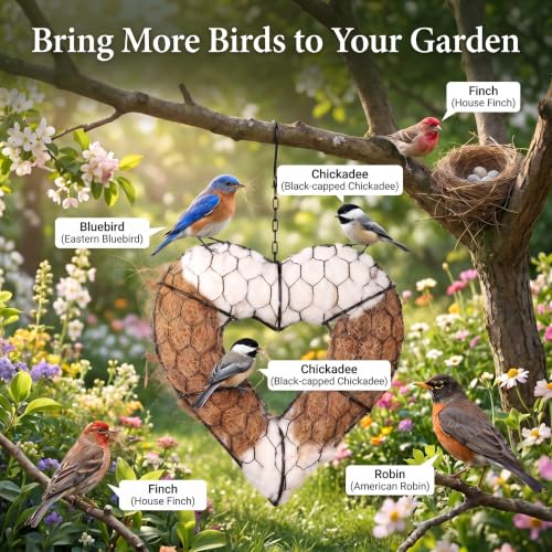 Bird Nesting Material Holder, Heart Shaped Hanging Bird Nesting Material for Wild Birds, Metal Holder with Natural Cotton & Coconut Fiber, Cottagecore Garden Decor for Bluebirds Chickadees Finches - style: Heart Style