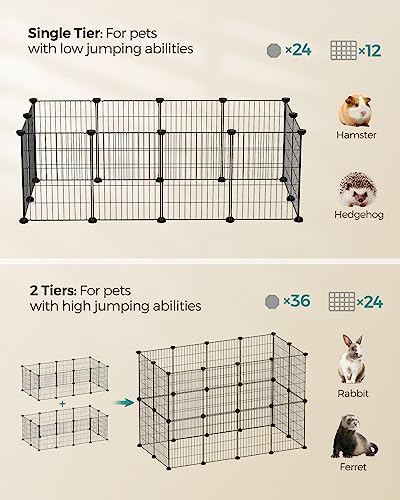 SONGMICS Pet Playpen, Small Animal Cage, Pet Fence with Cable Ties, DIY Metal Enclosure for Guinea Pigs, Hamsters, Rabbits, Hedgehogs, Black ULPI001B01 - color: Black, size: 48.4"L x 24.8"W x 16.1"H, style: 12 Panels