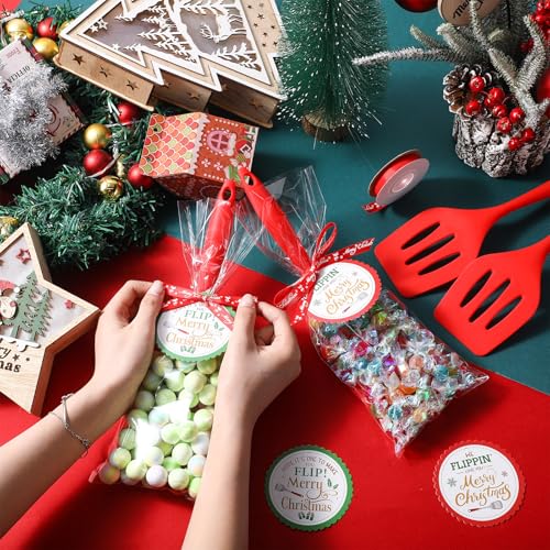 Reallnaive 24 Pack Christmas Silicone Turner Spatulas Heat Resistant | Christmas Cooking Utensils Gifts Set, Slotted Design for Draining, 24 Transparent Plastic Bags, 24 Round Cards, Ribbon