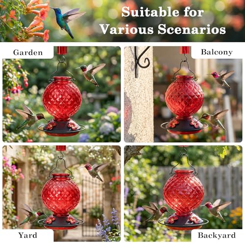 25 OZ Glass Hummingbird Feeder for Outdoors, Leak Proof Hummingbird Feeder with Ant Moat, 4 Bee Resistant Feeding Ports, Easy Clean Wide Mouth Design, Hanging Nectar Feeder, Red - color: Red - 25oz