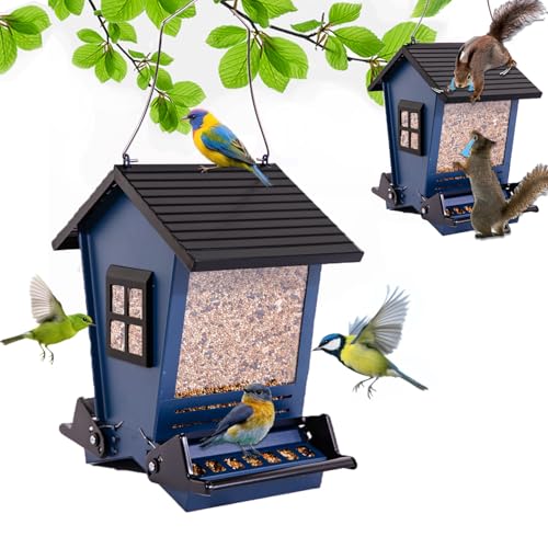 LSCQYYCCSquirrel Proof Bird Feeders for Outdoors Hanging, 5LB Capacity Metal Wild Birdfeeders Outside Hanging,Large Feeder That Attracts Cardinals, Chickadees, and More Birds-One in Blue - color: Blue
