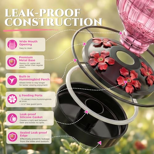 2 Pack Glass Hummingbird Feeder for Outdoors Hanging, Bird Nectar Feeder with Perch & 5 Flower Feeding Ports, 26 Oz Leak Proof for Outside Garden Decor Backyard, Gifts for Women Mom, Red + Pink - color: Red + Pink