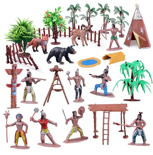 31Pcs Native American Figures Set, School Project Diorama for Kids | Realistic Indian Village Educational History Toys with Tepees, Totems and Fences, Ideal Teaching, Pretend Play and Kids Gifts - style: Native