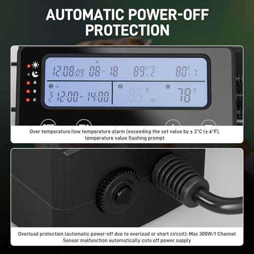 Reptile Temperature Controller with Timer, PID Reptile Digital Thermostat, 3-Channel Thermometer Hygrometer w/Memory, 2 IN 1 Day Night Temperature Humidity Gauge for Heat Lamp Heat Mat Fogger