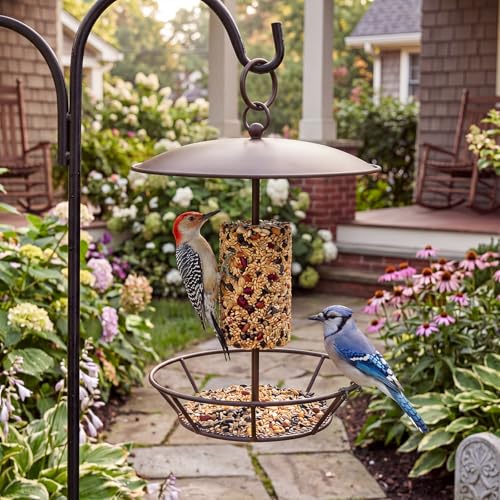Bird Seed Cylinder Holder Wild Bird Feeder for Suet Cakes,Brown | Hanging Hanger with Roof, Metal Mesh Holds Round Suet Cakes, Attracts Backyard Wildlife to Garden Outdoor Feeding Station - color: Brown