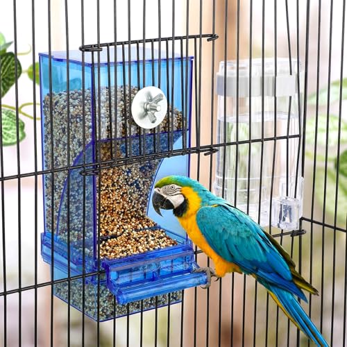 Yaomiao 6 Pcs No Mess Bird Feeders Automatic Clear Parrot Water Dispenser Acrylic Quail Feeder and Watered Cage Accessories Indoor for Small and Medium Parrot Cockatiel Canary (Blue Feeder) - color: Blue Feeder