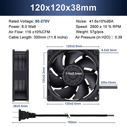 Wathai EC Industrial Case Fan 120mm x 38mm AC 110V 120V Cooling Fan | 110V - 240V Brushless Muffin Axial Fan Dual Ball Big Airflow 116 CFM 120x120x38mm for External Electronics Cooling - style: 120x38mm