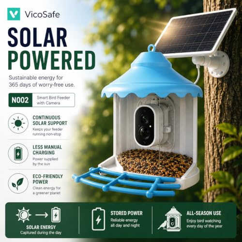 VicoHome N002 Bird Feeder with Camera - AI Bird Recognition, Solar Powered Outdoor Birdhouse Cam with Night Vision, Motion Alerts, App Control, Cloud & SD Storage, IP65 Waterproof, 2K HD Live View