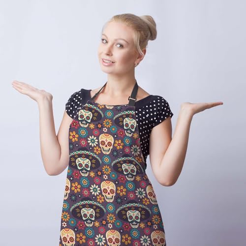Chef Apron for Men Mexican Sugar Skulls Flowers Craft Aprons for Women for Kitchen Cooking Restaurant BBQ Painting Crafting 27” (W) x 31” (H), Waterproof Aprons - color: Mexican Sugar Skulls Flowers