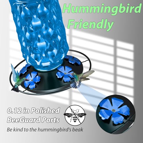 24OZ Glass Hummingbird Feeders for Outdoors Hanging,Five Feeding Ports with Perch, Leak Proof for Gardens Decor Backyard, Bird Feeder for Outside, Birthday Gifts for Women Men, Gifts for Mom Dad - color: Blue