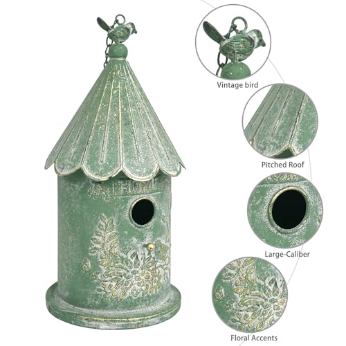 Metal Hanging Birdhouses for Outdoors Bird Houses for Outside Unique Bird Nest for Bluebird Wren Chickadee Sparrow Bird Nest Box for Garden Patio - color: Green