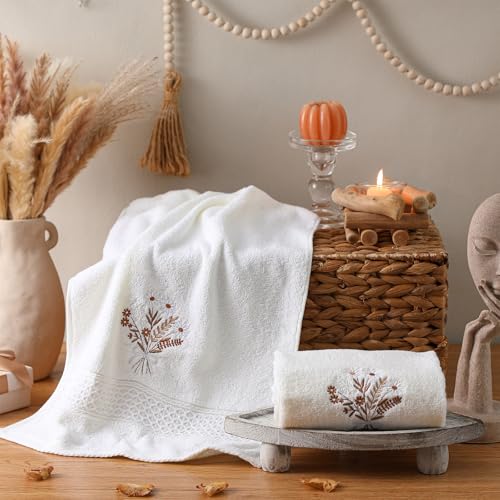 SmoothNovelty 2 Pcs Boho Flower Hand Towels for Bathroom Decor 14x29 Inch | Embroidered Wildflowers Bathroom Hand Towels, 100% Cotton, Soft Absorbent, Beige Boho Bathroom Kitchen Decor - style: Bohemian