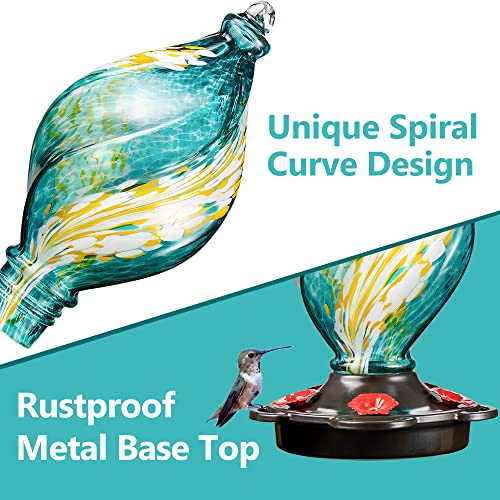 LUJII Ice Cream Shaped Spiral Hummingbird Feeder for Outdoors Hanging, Hand Blown Glass, 28 fl.oz, Leak Proof & Rustproof, Includes an Ant Moat with Hook, Unique & Stylish Glass Art & Decor (Teal) - color: Teal, size: Small