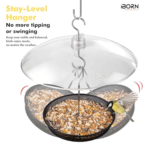 iBorn Hanging Bird Feeder Tray & Rainroof Cover, Bird Feeder Bowl with 13”Bird Feeder Cover for Rain Guard, Chew-Proof Polycarbonate & Thick Metal Hanger, Easy to Refill & Clean, Transparent & Black - size: Bird Feeder Tray+Rainroof Cover