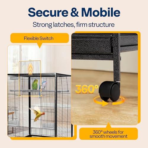 VIVOHOME Wrought Iron Bird Cage with Rolling Stand, 30 Inch Height | Standing Bird Flight Cage with Casters, Slide-out Tray for Parakeets Cockatiels Lovebirds Canaries Finches Conures, Black - color: Black