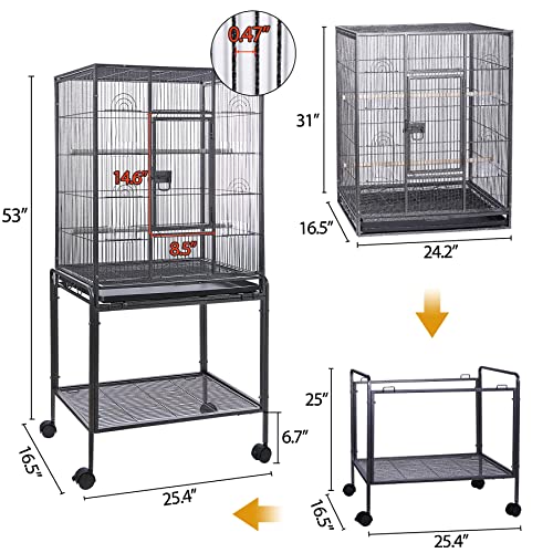 HSM 53 Inch Wrought Iron Large Bird Flight Cage with Rolling Stand | Bird Flight Cage Casters, Slide-out Tray for African Grey Parrot Parakeets Canaries Parrot Cockatiels Lovebirds Conures