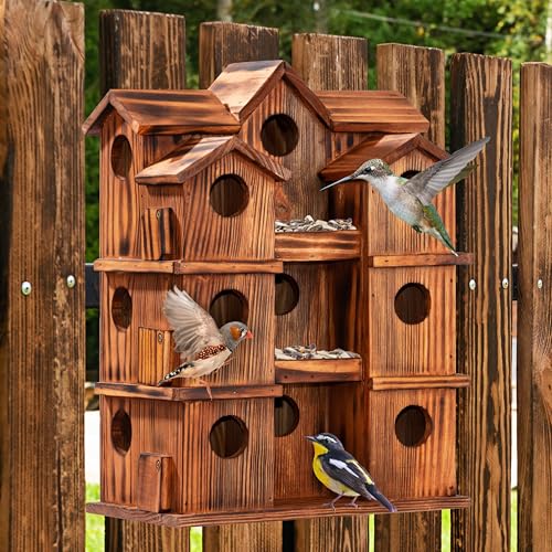 MIXUMON Wooden Bird Houses for Outside – 15 Rooms Multi-Chamber Bird House, Carbonized Pine Rustic Finish, 1.57" Entrance Holes, Individual Cleaning Doors, Decorative Outdoor Bird Nesting Box