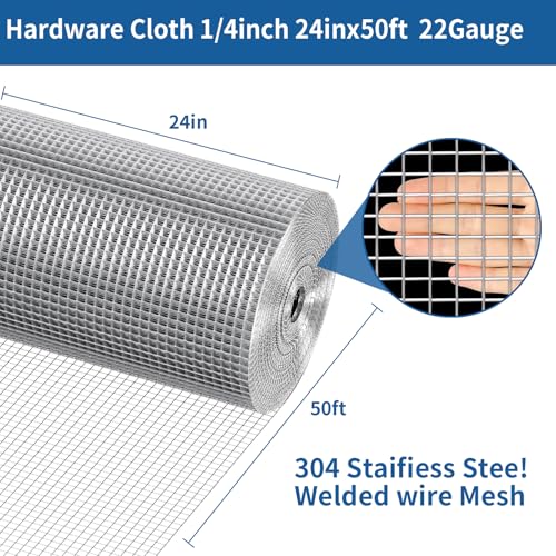 304 Stainless Steel Hardware Cloth 1/4 Inch 22 Gauge Chicken Wire Fence | Welded Wire Mesh Roll for Garden Protection, Rabbit Cage, Squirrel Barrier, Plant Support and DIY Projects (24in×50ft) - size: 1/4inch 24in x 50ft