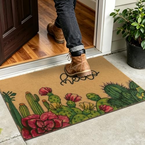 SHACOS 2x3ft Artificial Coir Door Mat, Hello Cactus | Non-Slip, Dirt Trapping, Low Pile 0.3", Welcome Doormat, Front Door Porch Entryway Patio Entrance - color: Hello Cactus, size: 2x3ft