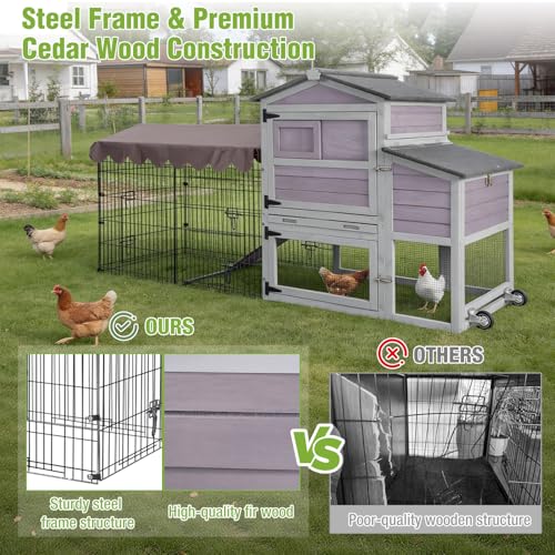 GUTINNEEN Large Wooden Chicken Coop with Run for 4–6 Chickens, Outdoor Chicken House with Wheels, Nesting Box & Removable Tray, Waterproof Asphalt Roof, Steel Frame Poultry Cage - size: 79.1"L x 25.2"W x 43.6"H