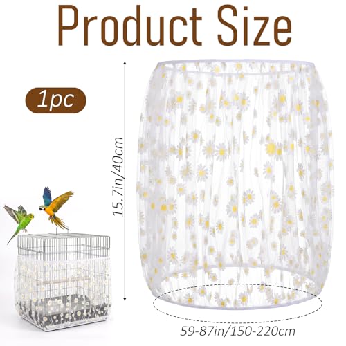Bird Cage Seed Catcher Net Cover, Bird Cage Net, Mesh Parrot Cage Skirt Guard for Parrot Cockatiel Budgie Fits Round Square Cages(Daisy-White, 59''-87"X15.7")