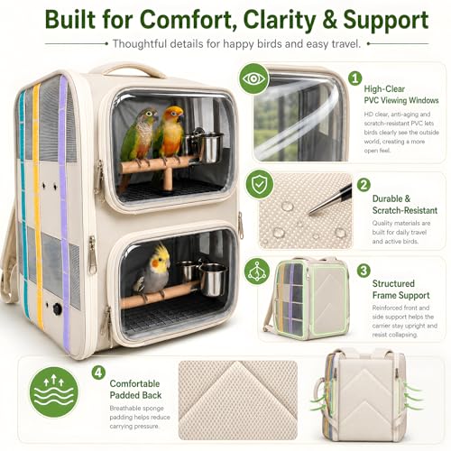 Dual-Level Bird Backpack, Portable Parrot Travel Cage with Removable Divider for 2-4 Small to Medium Birds or 1 Larger Bird,Parrot Bag Carrier with Perch Rods, Feeding Bowls and Trays (Beige)