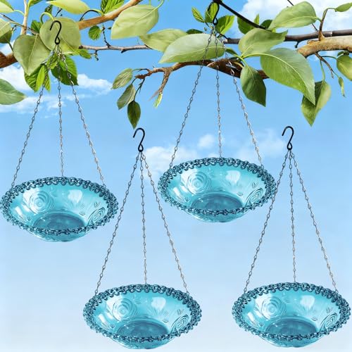 4-Pack Plastic Hanging Bird Bath and Feeder Bowls, Blue | Four hanging bowls serve as shallow bird baths, water dishes, or seed trays for gardens, patios, yards, and balconies. - color: 4Pack Blue