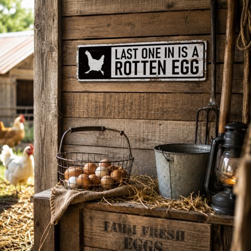 Rustic Farmhouse Style Chicken Coop Sign, Metal Outdoor Chicken House Signs, Last one in is a Rotten Egg, Retro Metal Tin Sign, Farmhouse Decor, Backyard Hen House Gift 15.8x4 Inch - color: Farmhouse 01