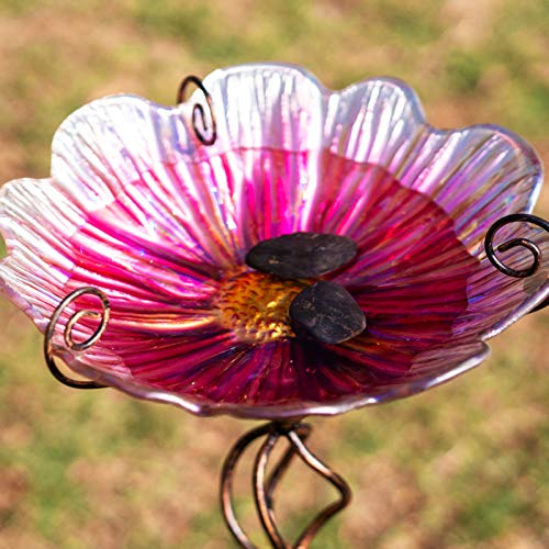 Glass Birdbath Birdfeeder with Metal Stake Garden Yard Outdoor Pink | 31inch height stain glass pink flower bird bath for outside, bird bath bowl,attract wild birds and beautify outdoor gardens - color: Pink