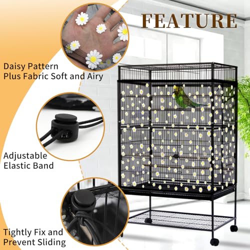 Daoeny 2PCS Bird Cage Seed Catcher, Large Bird Cage Cover, Adjustable Soft Airy Nylon Mesh, Birdcage Cover Skirt Seed Guard for Parrot Parakeet Macaw Round Square Cages (Black & White Daisy) - color: Black & White Daisy