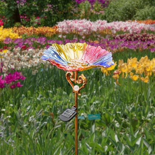 Garden Decor Gifts Solar Glass Blue Bird Bath Yard Art Garden Outdoor Birdbath with Metal Stake with White LED Light Metal Stake Garden for Women - color: Multicolor