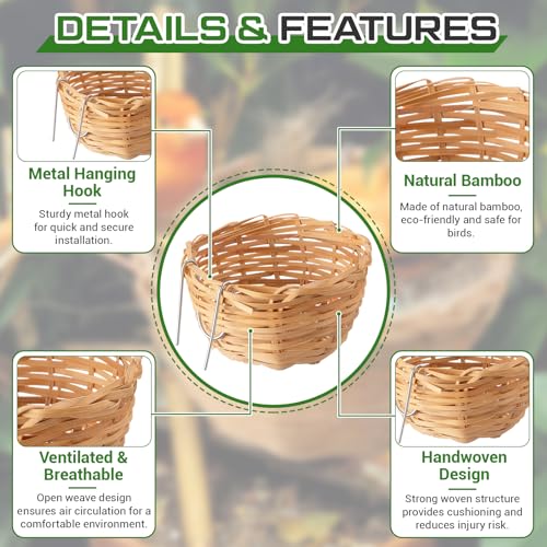 SiliFine 20 Pack Handmade Bird Nest for Cage, Bamboo Opened Finch Nest, Hanging Canary Hatching Breeding Cave House with Metal Hook for Budgie Parakeet Cockatiel Small Bird Garden Yard Decor