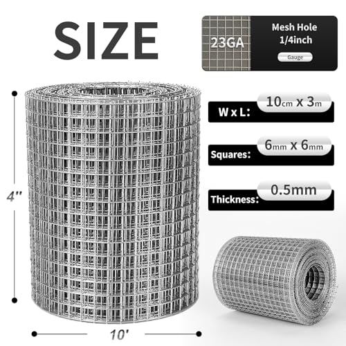 Hardware Cloth 1/4 in Galvanized Wire Mesh Roll (23 GA) Chicken Wire Fence Roll for Chicken Pen/coop Fences, Screen mesh, Rabbit/Snake Fences, Poultry enclosures, Handicraft Ma 4in×10ft - size: 4In x 10Ft