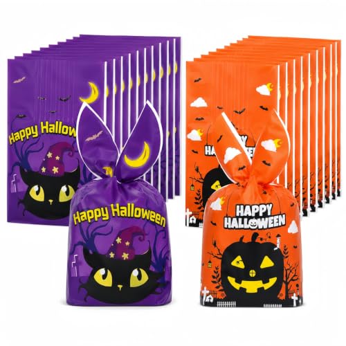 Fruasio 100PCS Halloween Treat Bags with Bunny Ear Ties, Black Cat Designs - color: Purple