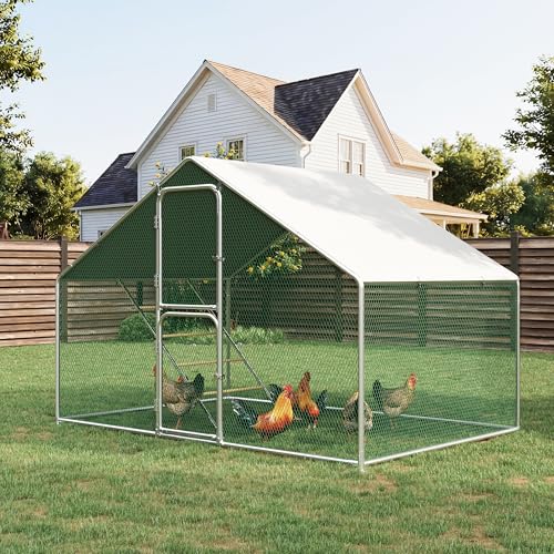 Metal Large Chicken Coop Walk in Chickens Run with Chicken Roosting Perch, Outdoor Chicken House with Security Lock and Split Door for Farm, Yard, Backyard - color: Metallic, size: 79.0"L x 119.0"W x 79.0"H
