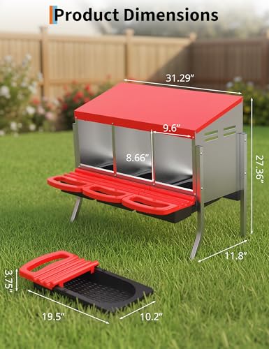 GarveeLife Chicken Nesting Box 3 Hole, Galvanized Steel Nest with Roll Away Egg Collection & Swing Perch, Easy-Clean Laying Box for Hens, Heavy Duty Design for Chicken Coop - color: Red, size: 3 holes with legs